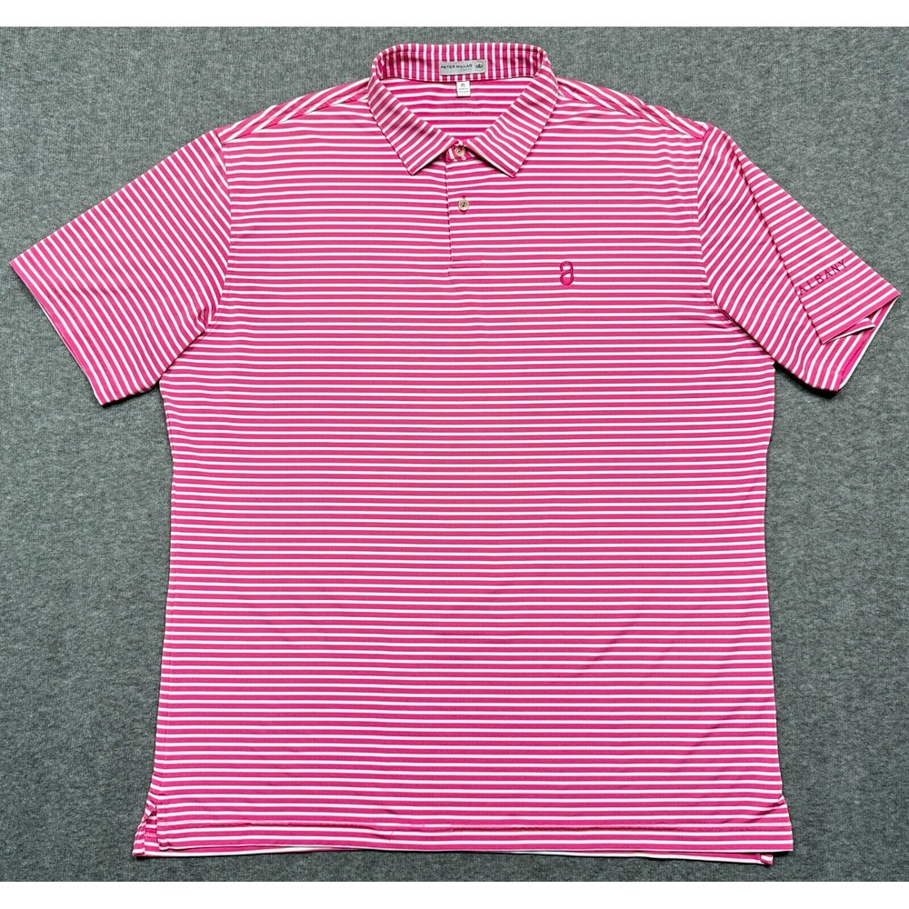 Peter Millar Polo Shirt Men XL Pink Stripe Albany Golf Club Tour Fit Performance